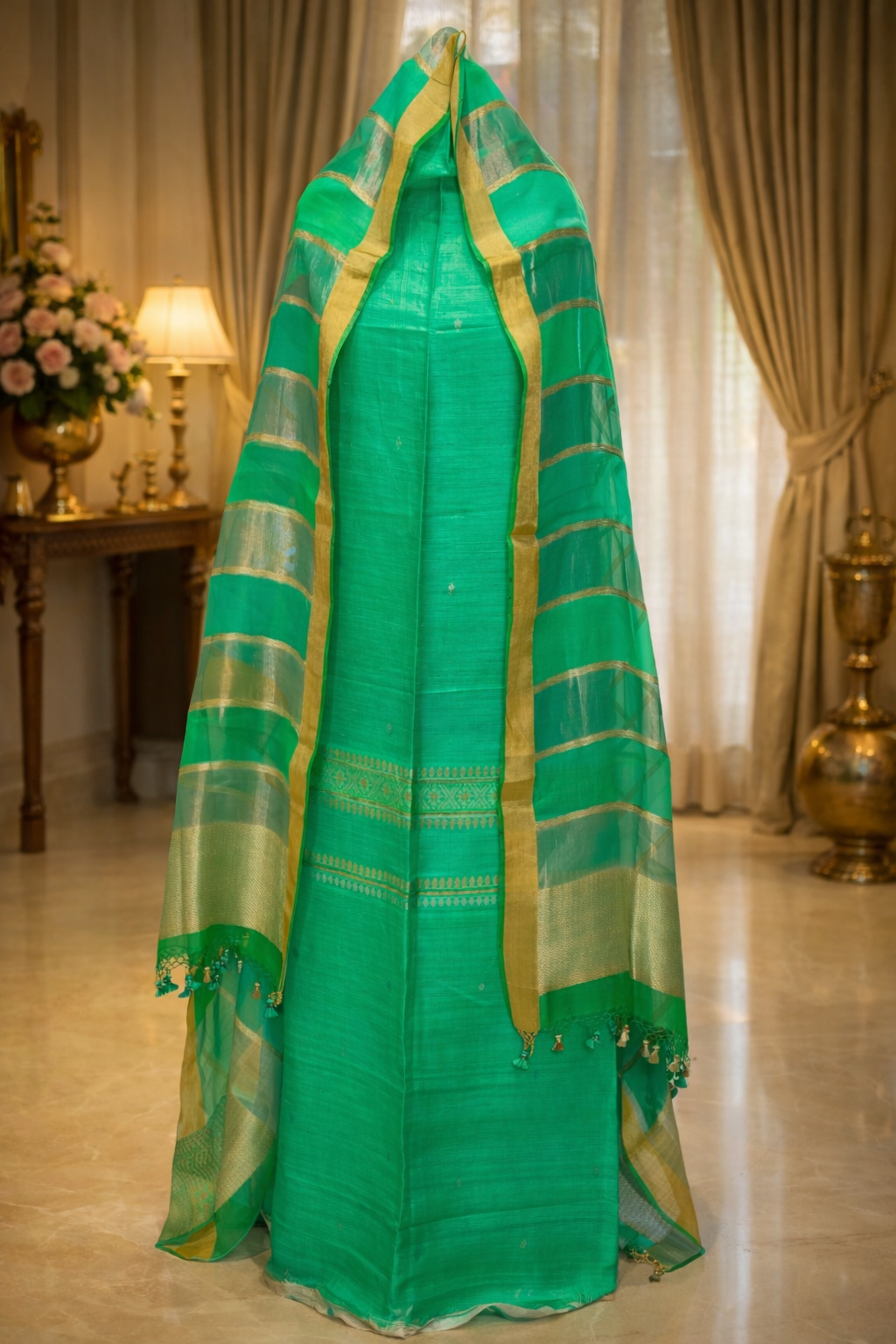 Premium Banarasi Sea Green Tussar Pure Silk Suit With Tissue Dupatta