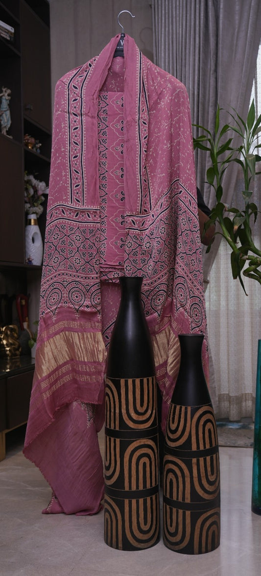 Modal Silk Ajrakh Natural Dyed Block Print 3-Piece Suit Set
