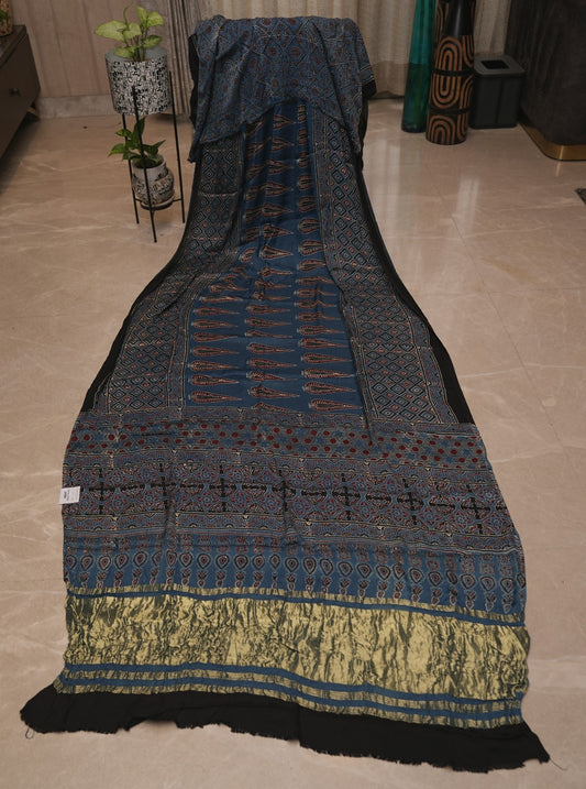 Premium Modal Ajrakh Silk Saree - Blue