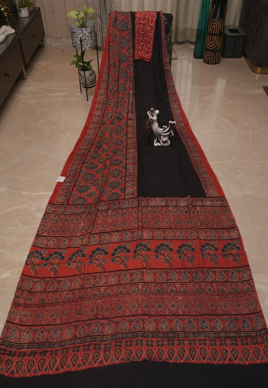 Premium Modal Ajrakh Silk Saree - Red