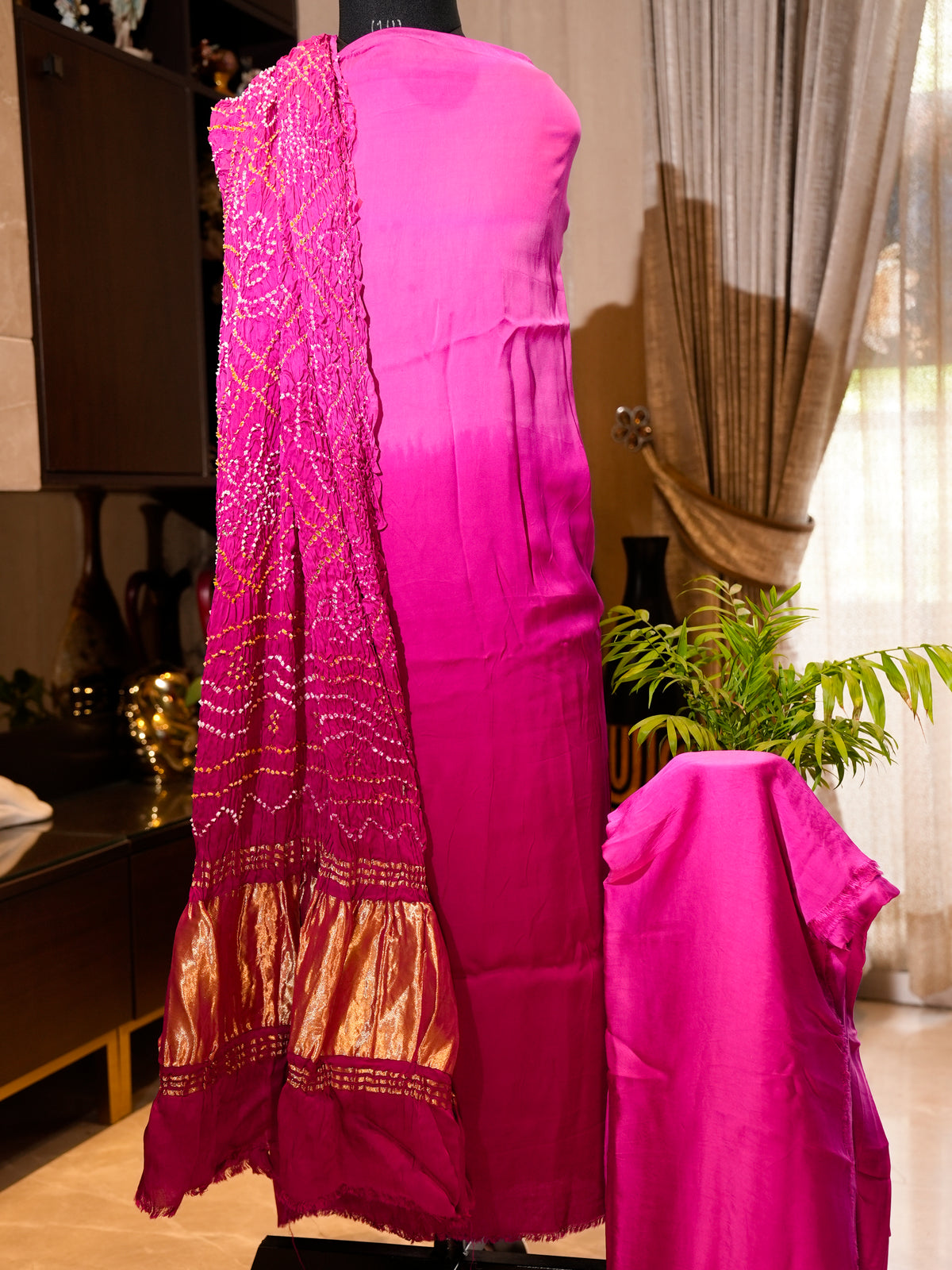 Modal Silk Ombre Top & Bottom with Heavy Rai Bandhej Dupatta, 3-Piece Set