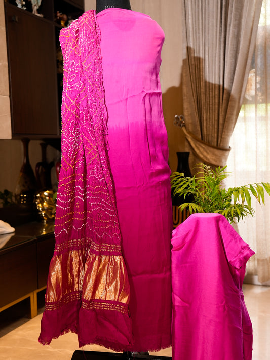 Modal Silk Ombre Top & Bottom with Heavy Rai Bandhej Dupatta, 3-Piece Set
