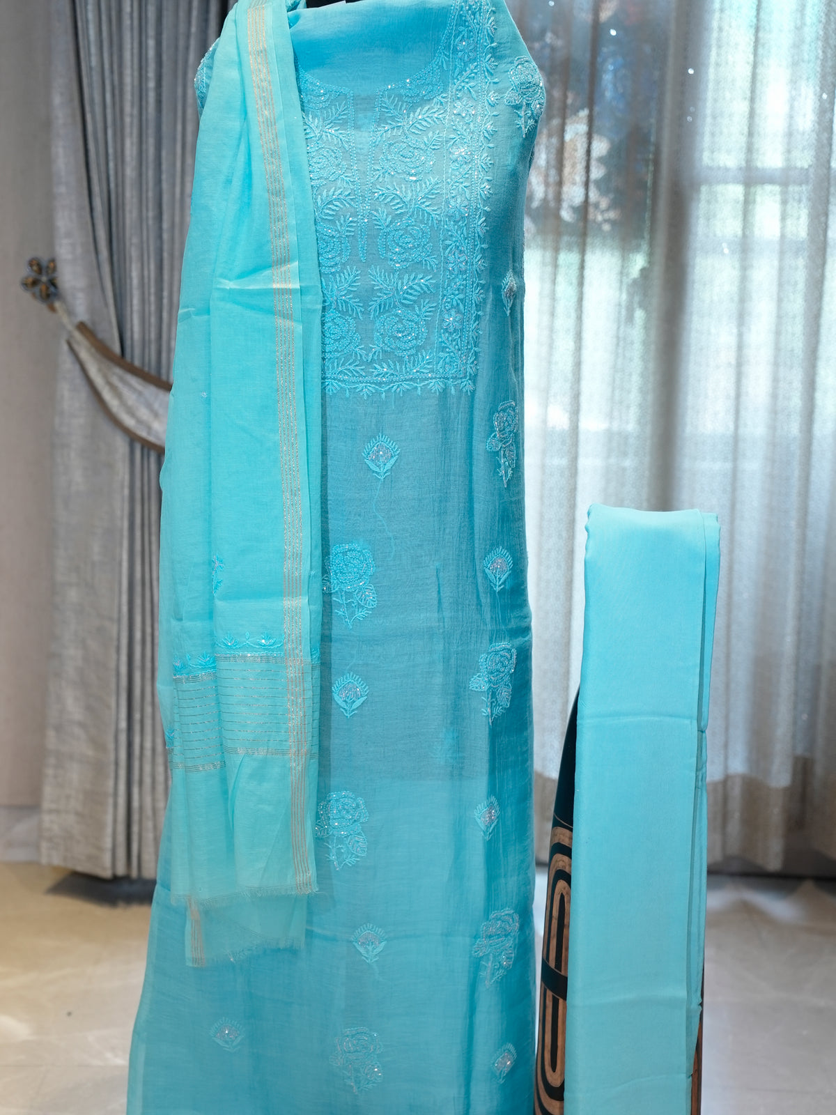 Chikankari Mal Chanderi Cotton with Katdana Work, 3-Piece Suit