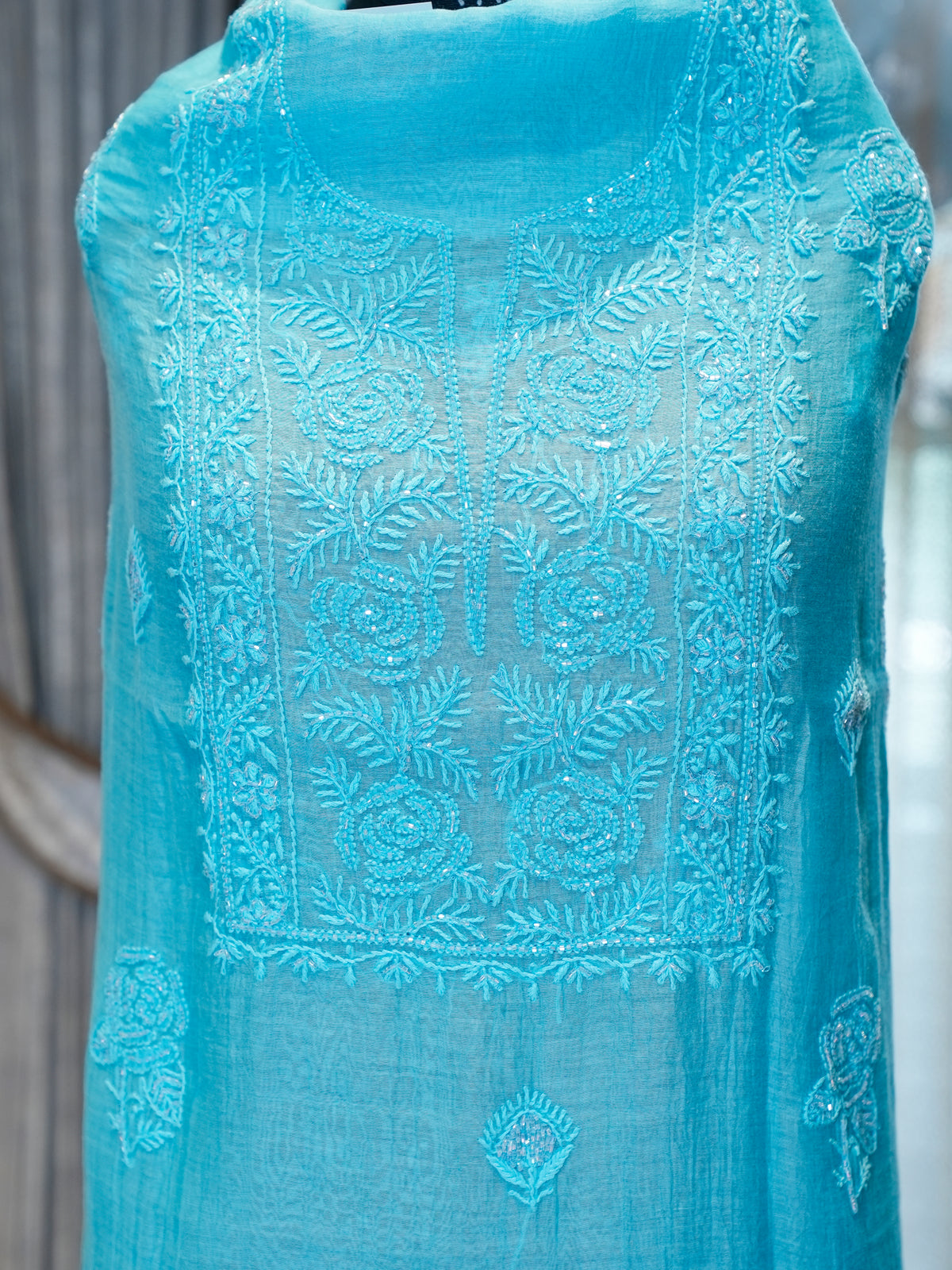 Chikankari Mal Chanderi Cotton with Katdana Work, 3-Piece Suit