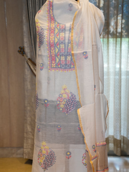 Pure Mal Cotton with Multi-Colour Chikan Work, 2-Piece Suit Set