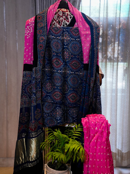Modal Silk with Ajrak & Bandhej Combination, 3-Piece Suit