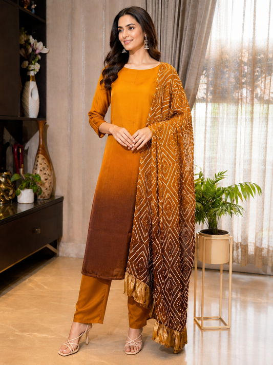 Pure Modal Silk Ombre Pattern with Heavy Bandhej Dupatta, 3-Piece Suit Set