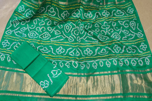 Pure Gajji Silk Gharchaola Saree with Bandhej - Green