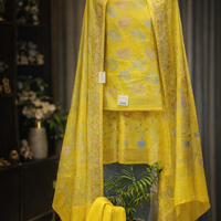 Premium Banarasi Yellow Munga Cotton Silk Suit 3 Piece