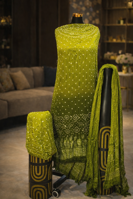 Authentic Jaipuri Green Ombre Gajji Silk Bandhani Suit
